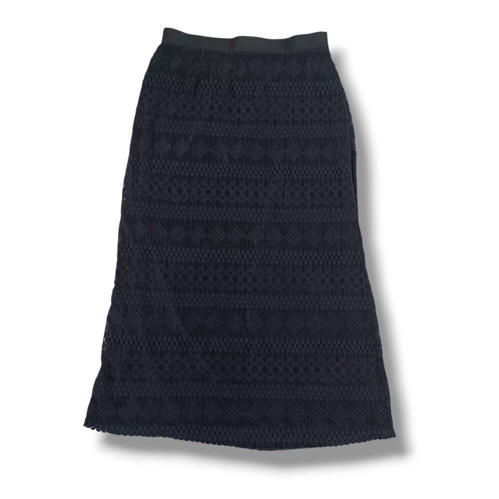 Miss Pinky Black Lace Maxi Skirt Elastic Waist No Slit Long Pull On Size L